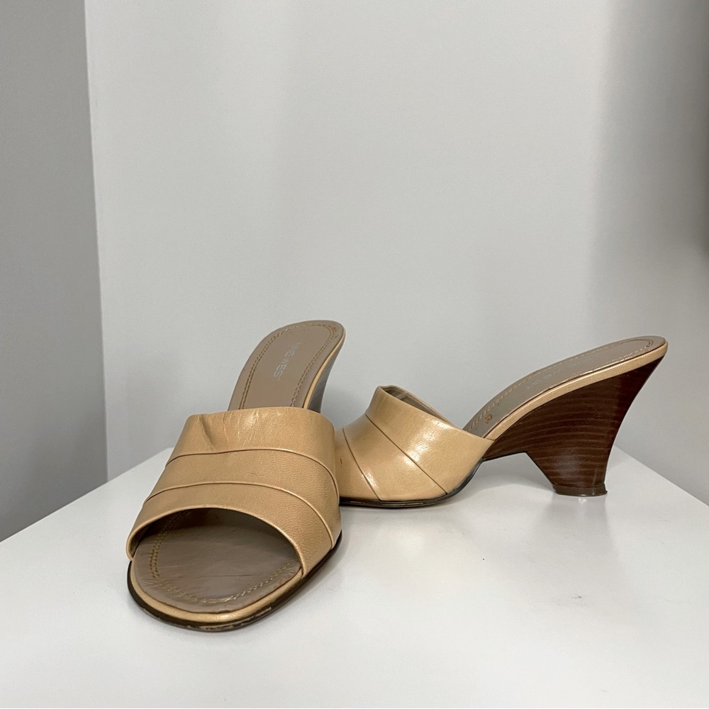 Nine West Nude Leather Mules Wood Wedge Heel